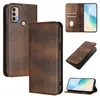 A collage of images showing a brown leather phone case for a Motorola phone, with different views and angles. Produktbild-Vorschau