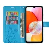 A blue wallet case for a Samsung Galaxy A14 phone is shown open, displaying credit cards and a banknote. The phone is inserted into the case. Produktbild-Vorschau