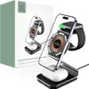 A 3-in-1 magnetic wireless charging stand for a phone, watch, and earbuds, shown with the packaging in the background. Náhled obrázku produktu