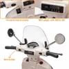 A collage of close-up shots of a children's electric Vespa scooter's handlebars and dashboard, highlighting features like the forward/reverse button, MP3 player, and horn button. Voir les images du produit