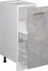 A white kitchen cabinet with a concrete-effect door and internal drawers is shown from the front-side. The door is partially open, revealing the interior. Produktbild-Vorschau