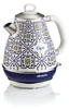A white electric kettle with a blue and yellow patterned design sits on a white surface. Náhled obrázku produktu
