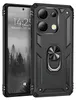 A black rugged phone case with a ring holder is shown next to a smartphone displaying a lock screen. Produktbild-Vorschau