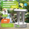 A BioGreen greenhouse heater is displayed on a wooden surface with a blurred green leafy background. Produktbild-Vorschau