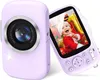 A purple digital camera is shown with its screen displaying a picture of a baby. Produktbild-Vorschau
