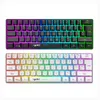 Two compact keyboards are displayed against a white background. The top keyboard has a black base with RGB lighting, and the bottom keyboard has a white base with rainbow-colored keycaps and RGB lighting. Produktbild-Vorschau