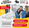 A couple is smiling and holding keys in front of a mailbox mounted on a wall. The image also features close-ups of the mailbox and text highlighting its features. Produktbild-Vorschau
