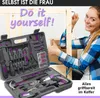 A woman is shown assembling furniture with a tool kit. Produktbild-Vorschau