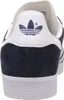 The back view of a navy blue Adidas sneaker with white accents. Produktbild-Vorschau