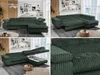A collage of four images showing a green corduroy sectional sofa with various features like a pull-out bed and storage. Produktbild-Vorschau