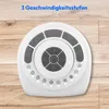 A white desk fan with grey buttons is shown from a top-down angle on a wooden surface. Produktbild-Vorschau