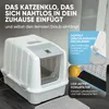 A white and gray hooded litter box is shown with text overlays describing its features. Produktbild-Vorschau