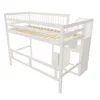 A white wooden bunk bed with stairs and storage is shown against a white background. Náhled obrázku produktu
