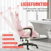A pink gaming chair is shown in various reclining positions, with text overlays highlighting its features. Produktbild-Vorschau