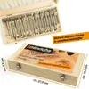 A wooden box containing a set of Forstner drill bits, with dimensions indicated. Produktbild-Vorschau