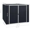 A 3D rendering of a dark gray metal garden shed with silver trim and double doors, showing dimensions. Produktbild-Vorschau