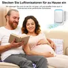 A couple is relaxing on a couch while reading a book, with an air purifier shown in the background. Produktbild-Vorschau