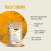 A pouch of turmeric capsules is shown next to scattered turmeric powder, with text highlighting product benefits. Produktbild-Vorschau