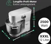 A silver stand mixer with various dimensions and power specifications highlighted with text overlays. Náhled obrázku produktu