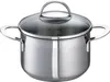A stainless steel pot with a glass lid and handles, shown from the front. Produktbild-Vorschau