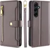 A product shot of a gray leather wallet phone case with a gold zipper and a detachable wrist strap. Produktbild-Vorschau