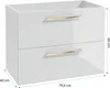 A white bathroom cabinet with two drawers and gold handles, shown from a front-side angle with dimensions indicated. Anteprima dell’immagine prodotto