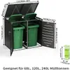 A black metal trash can enclosure with two green trash cans inside, shown with dimensions labeled. Anteprima dell’immagine prodotto