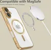 A clear phone case with a gold trim is shown, with a MagSafe charger and ring accessory nearby. Podgląd zdjęcia produktu