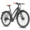 A studio shot of a grey electric bicycle with brown seat and orange handlebar grips, on a white background. Produktbild-Vorschau