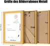 Three metal picture frames are shown, with the front frame displaying a drawing of a rose and some text. The backs of the other two frames are visible, showing hanging mechanisms. Dimensions are indicated with arrows and numbers. Produktbild-Vorschau