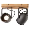 A close-up studio shot of a two-light ceiling spotlight fixture with a wooden base and black metal spotlights. Produktbild-Vorschau