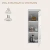 A white wall-mounted bathroom cabinet with its door open, displaying various bathroom accessories on its shelves. Text overlays highlight storage features and wall mounting. Produktbild-Vorschau