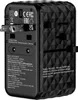 A black universal travel adapter with multiple plug types and USB ports is shown from the side and back. Anteprima dell’immagine prodotto
