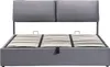 A grey upholstered bed frame with a slatted base and a two-part headboard, shown from the front. Produktbild-Vorschau