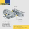 Two metal hinges are shown with descriptive text and a brand logo. Voir les images du produit