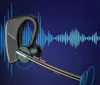 A black Bluetooth headset is shown against a blue background with a sound wave graphic. Produktbild-Vorschau