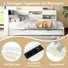 A white L-shaped daybed with storage, featuring a pull-out bed, integrated power outlets, and USB ports. The image is composed of a main product shot and three circular close-up insets highlighting features. Produktbild-Vorschau