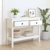 A white console table with two drawers, a basket, and books on a shelf, placed in a room with plants. Produktbild-Vorschau