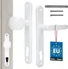 A set of white door handles and a door knob with a tag that says "MADE IN EU". Podgląd zdjęcia produktu