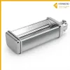 A silver pasta cutter attachment for a Kenwood kitchen machine, shown on a white background with a yellow border and marketing text. Produktbild-Vorschau