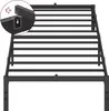 A black metal bed frame on a white background, with a close-up inset showing a connection detail and a "mute" icon. Náhled obrázku produktu