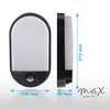 Two views of a black and white LED outdoor light with motion sensor, showing dimensions. Produktbild-Vorschau