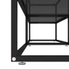 A close-up, low-angle view of the bottom corner of a black TV stand with glass shelves. Podgląd zdjęcia produktu
