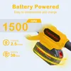Close-up of a yellow battery-powered tool with text overlays highlighting its features. Produktbild-Vorschau