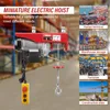 A miniature electric hoist is shown in the foreground, with various industrial settings depicted in smaller images on the right. Produktbild-Vorschau