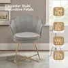 A gray velvet chair with gold legs is shown in a room setting, with icons indicating its uses. Voir les images du produit