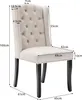 A beige upholstered dining chair with black wooden legs, shown with dimensions indicated by measurement lines and text. Anteprima dell’immagine prodotto