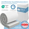 A rolled-up mattress topper and a box for a mattress topper are shown, along with various certification logos and text. Produktbild-Vorschau