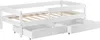 A white wooden bed frame with two drawers underneath, shown from a side angle. Náhľad obrázku produktu