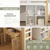 A collage of images showing different aspects of a loft bed, including storage compartments, a drawer, and decorative elements. Voir les images du produit